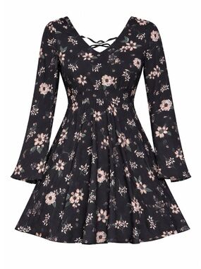 Source Unknown Black Floral Long-Sleeve Fit & Flare Dress with Pink Flowers